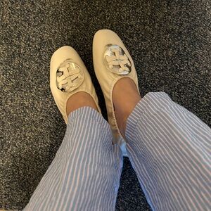 Tory Burch Ivory Loafers with Metallic Detail